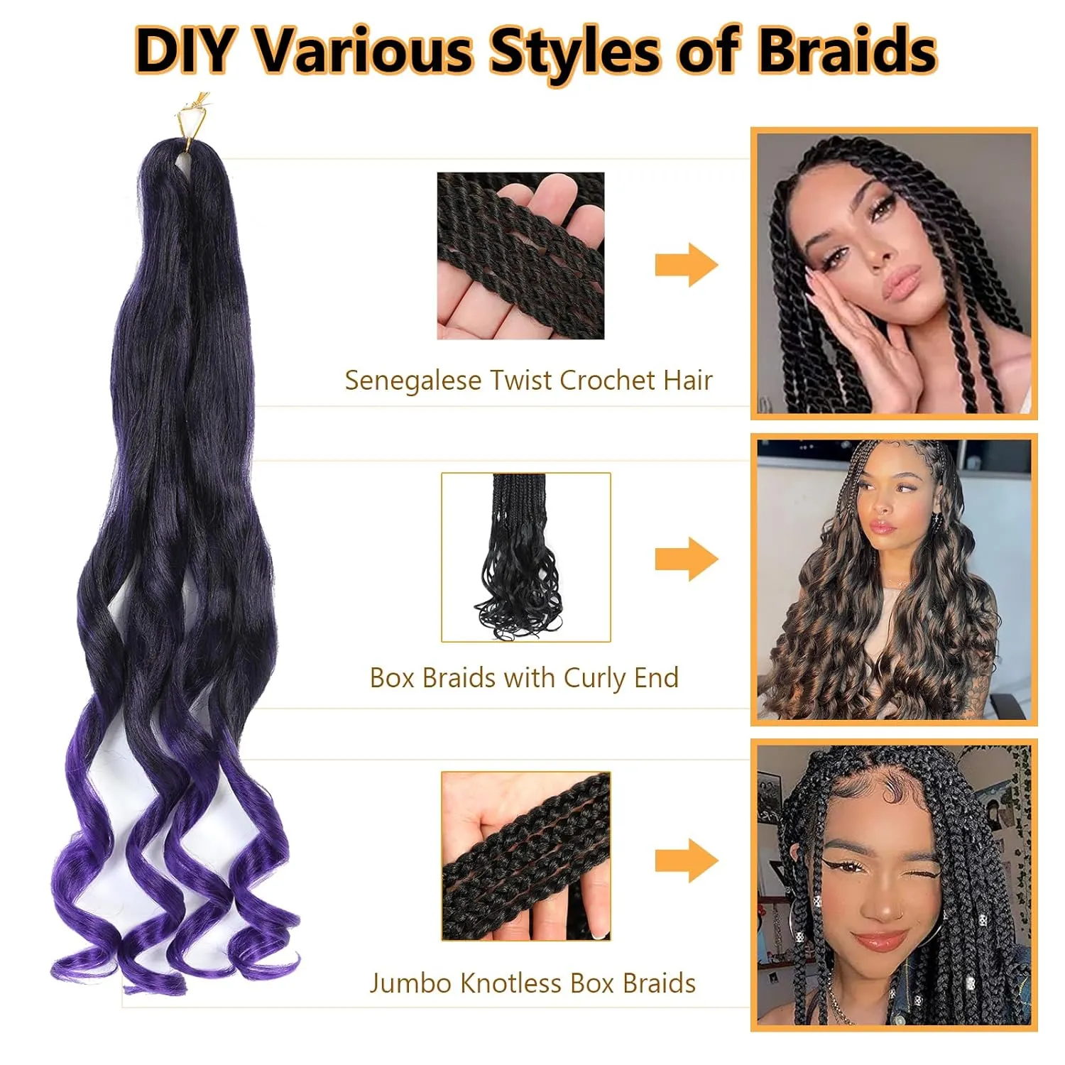 French Curl Pre Stretched 22 Inch Loose Wavy Braiding Hair for Black Women - Crochet Braids Hair Extensions (7Packs), 1B/Purple)