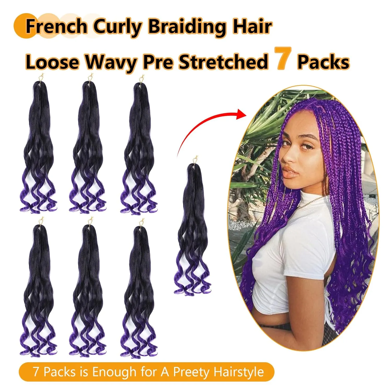 French Curl Pre Stretched 22 Inch Loose Wavy Braiding Hair for Black Women - Crochet Braids Hair Extensions (7Packs), 1B/Purple)
