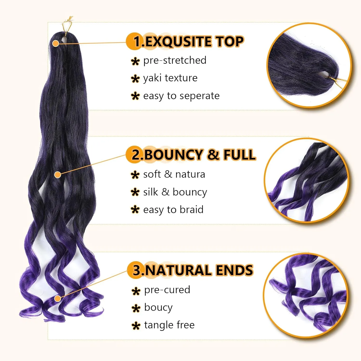 French Curl Pre Stretched 22 Inch Loose Wavy Braiding Hair for Black Women - Crochet Braids Hair Extensions (7Packs), 1B/Purple)