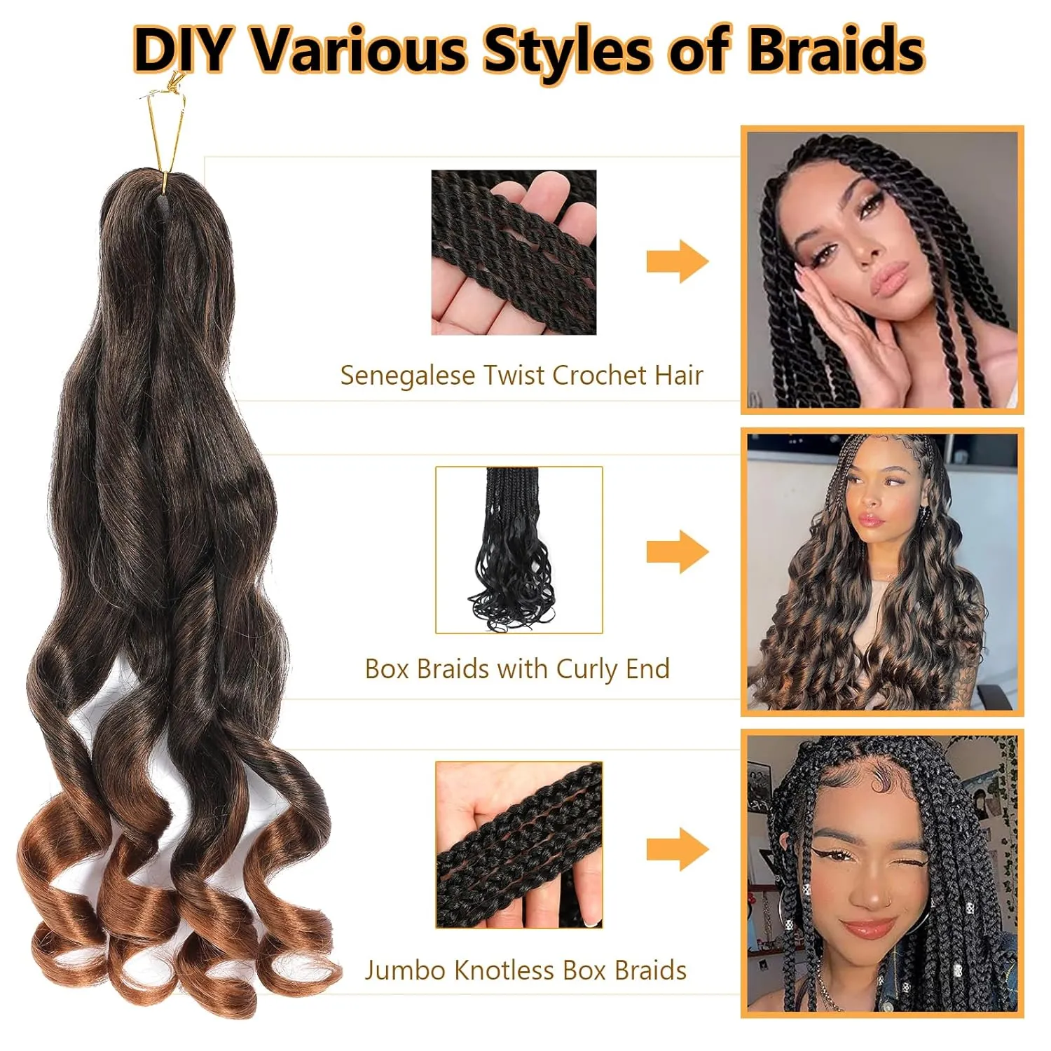 French Curl Pre-Stretched Braiding Hair 22 Inch 1B/30 Loose Wavy for Black Women (7 Packs)