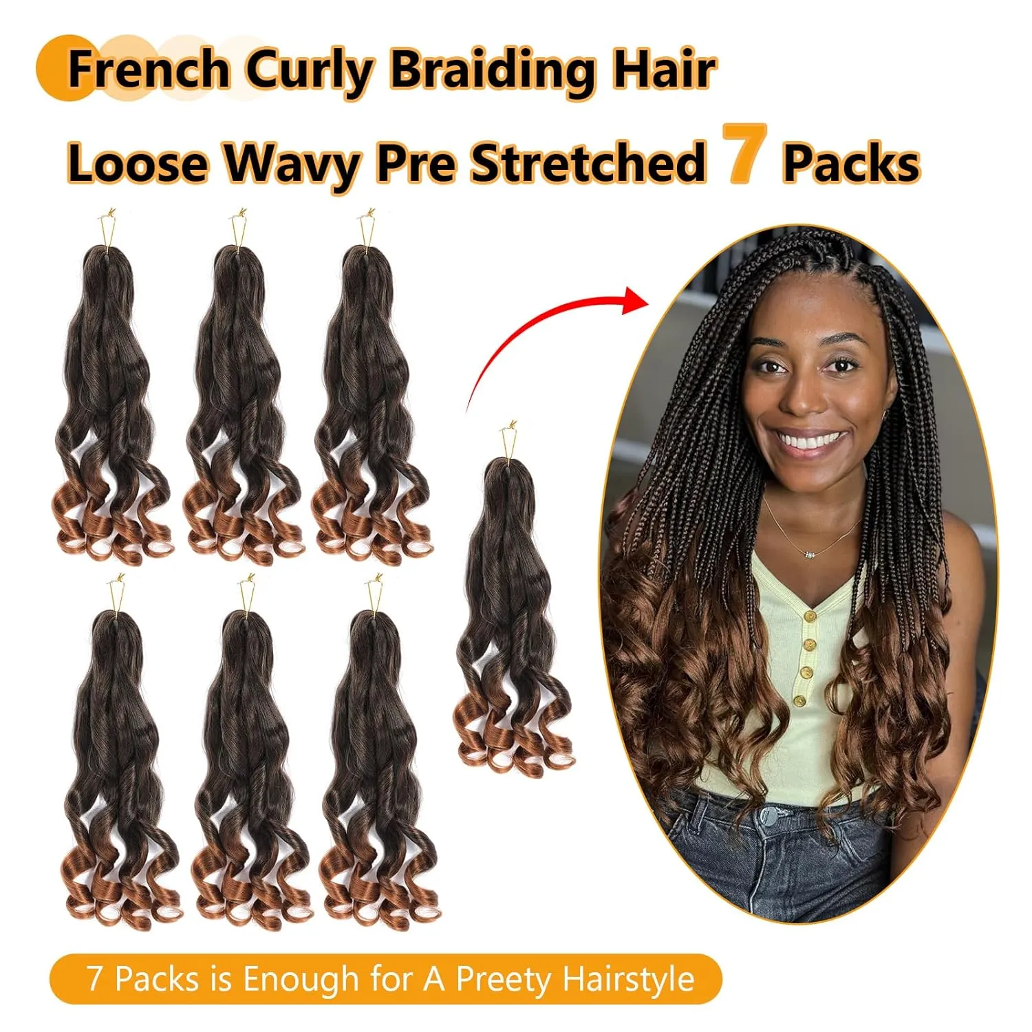 French Curl Pre-Stretched Braiding Hair 22 Inch 1B/30 Loose Wavy for Black Women (7 Packs)