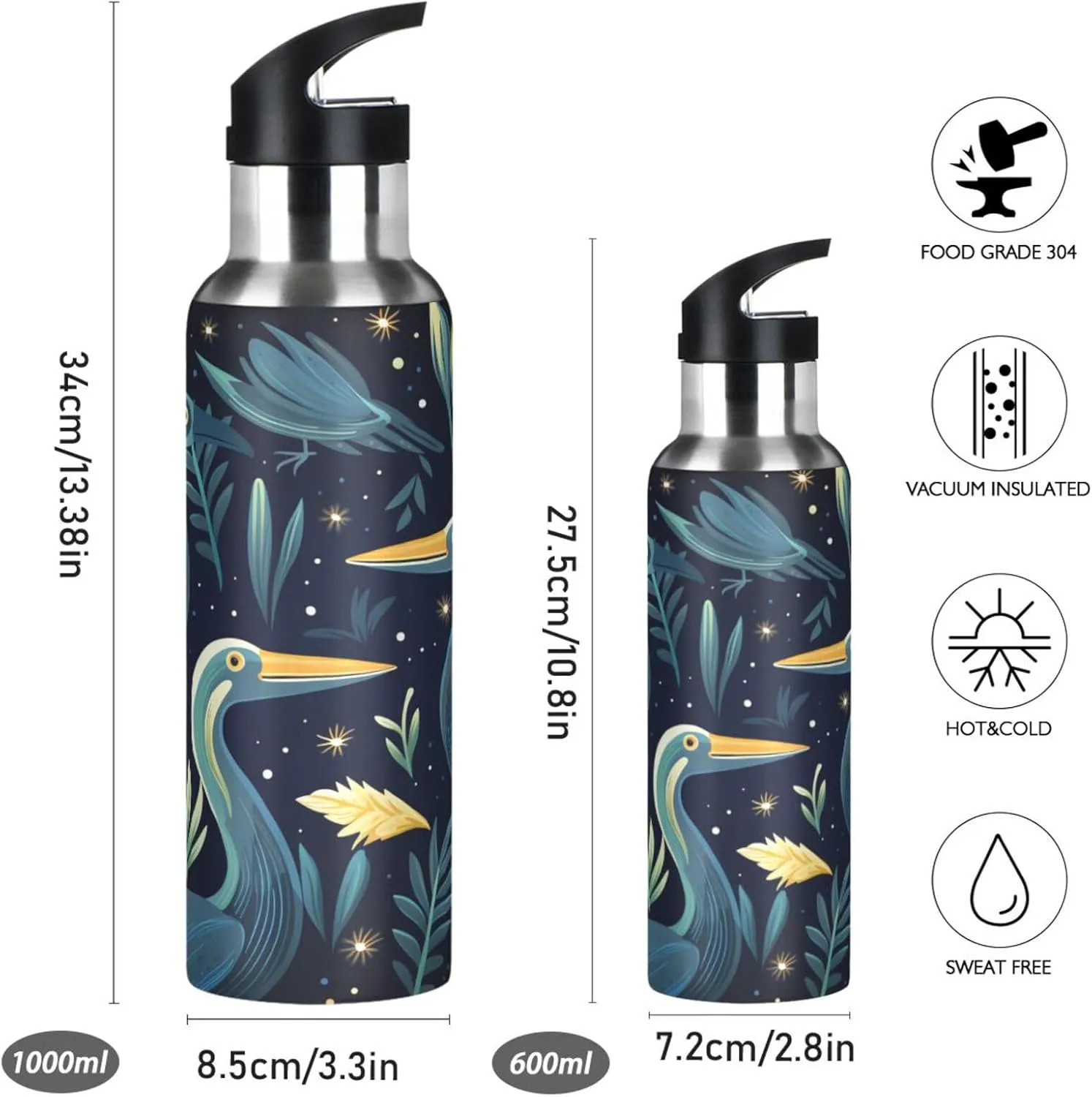Funny Cartoon Pelican Sport Water Bottle Insulated Stainless Steel Large Vacuum Flask Leak Proof Thermos with Straw for Travel(600ml/1000ml)