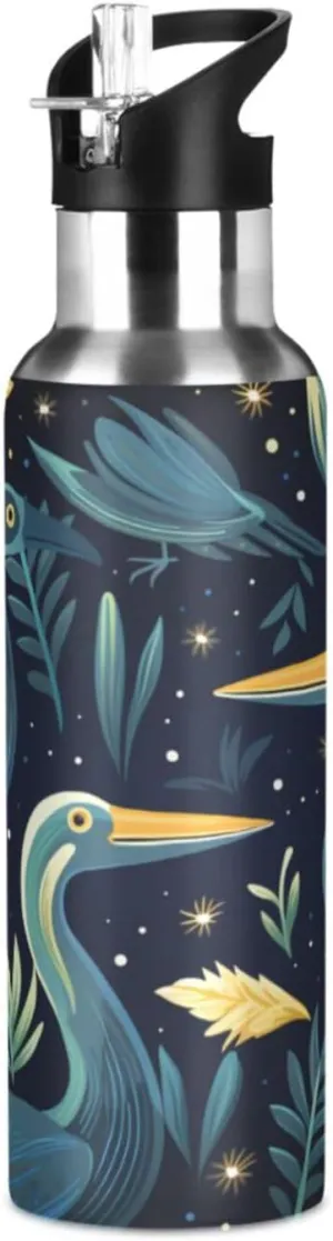 Funny Cartoon Pelican Sport Water Bottle Insulated Stainless Steel Large Vacuum Flask Leak Proof Thermos with Straw for Travel(600ml/1000ml)