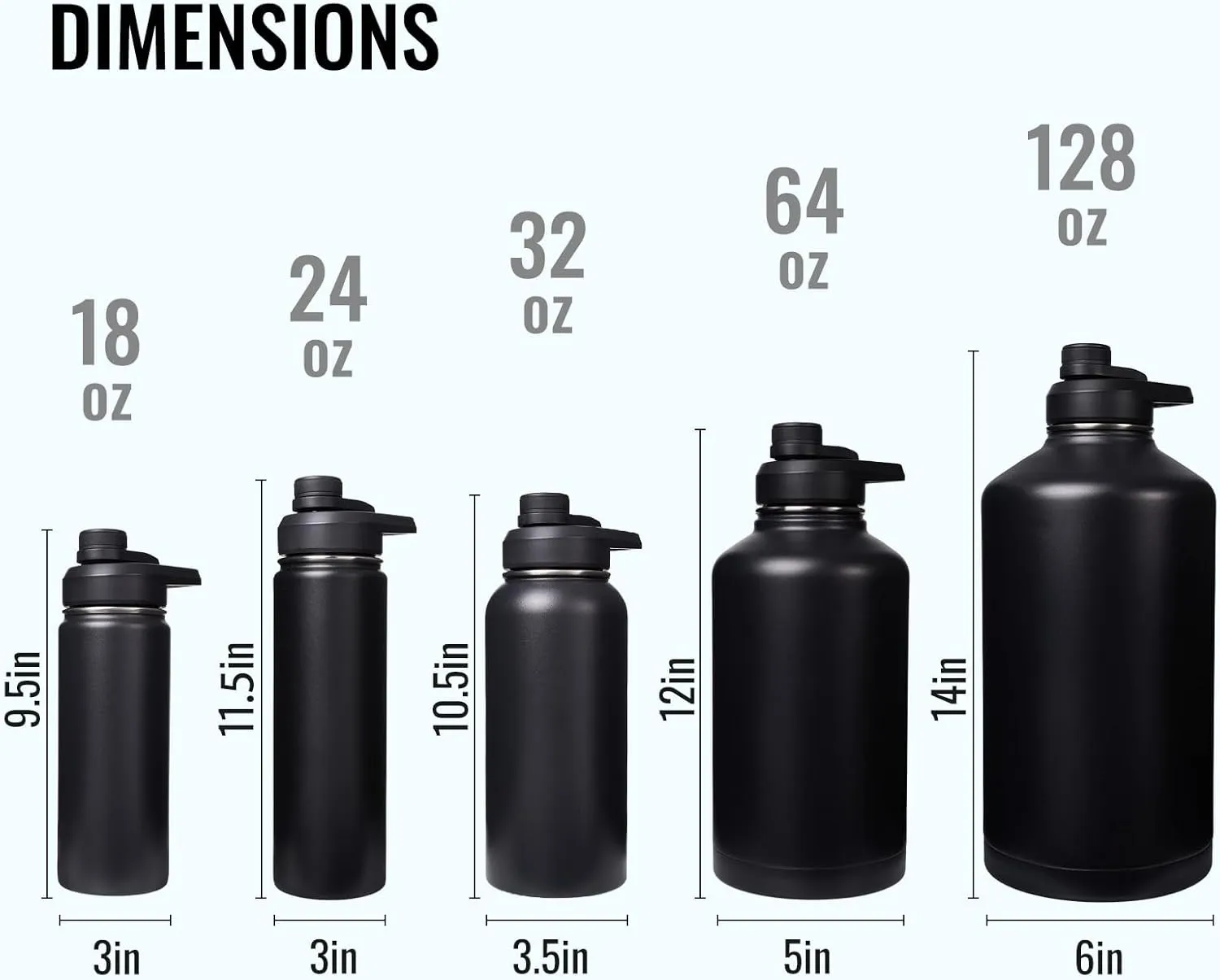 Gallon Water Bottle with 2 Lids (Straw & Spout), 304 Stainless Steel Water Jug with Handle and Wide Mouth, 1 Gallon Vacuum Double Walled Jug for Sports, Outdoors, Leak-Proof, Black 128 oz