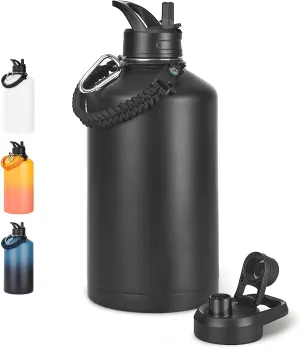 Gallon Water Bottle with 2 Lids (Straw & Spout), 304 Stainless Steel Water Jug with Handle and Wide Mouth, 1 Gallon Vacuum Double Walled Jug for Sports, Outdoors, Leak-Proof, Black 128 oz