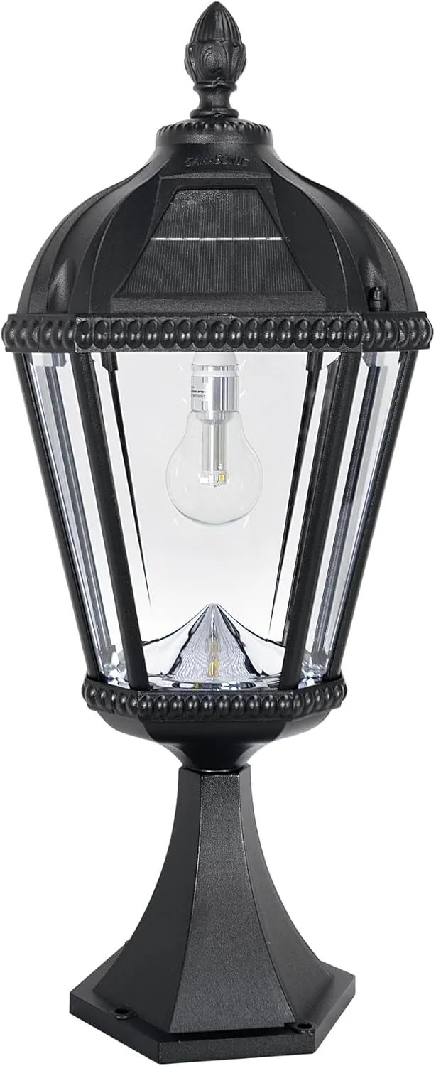 Gama Sonic Outdoor Solar Post Light with Pier Base, Black Aluminum and Beveled Glass, Royal Bulb 150 Lumens Warm White LED, Mount on Column, Pillar, or Flat Exterior Surface (98B011) (Upgraded)