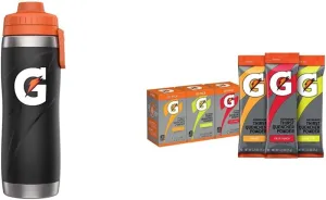 Gatorade 26oz Stainless Steel Bottle Black Gatorade Thirst Quencher Powder Sticks, 3 Flavor Variety Pack, (30 Pack)