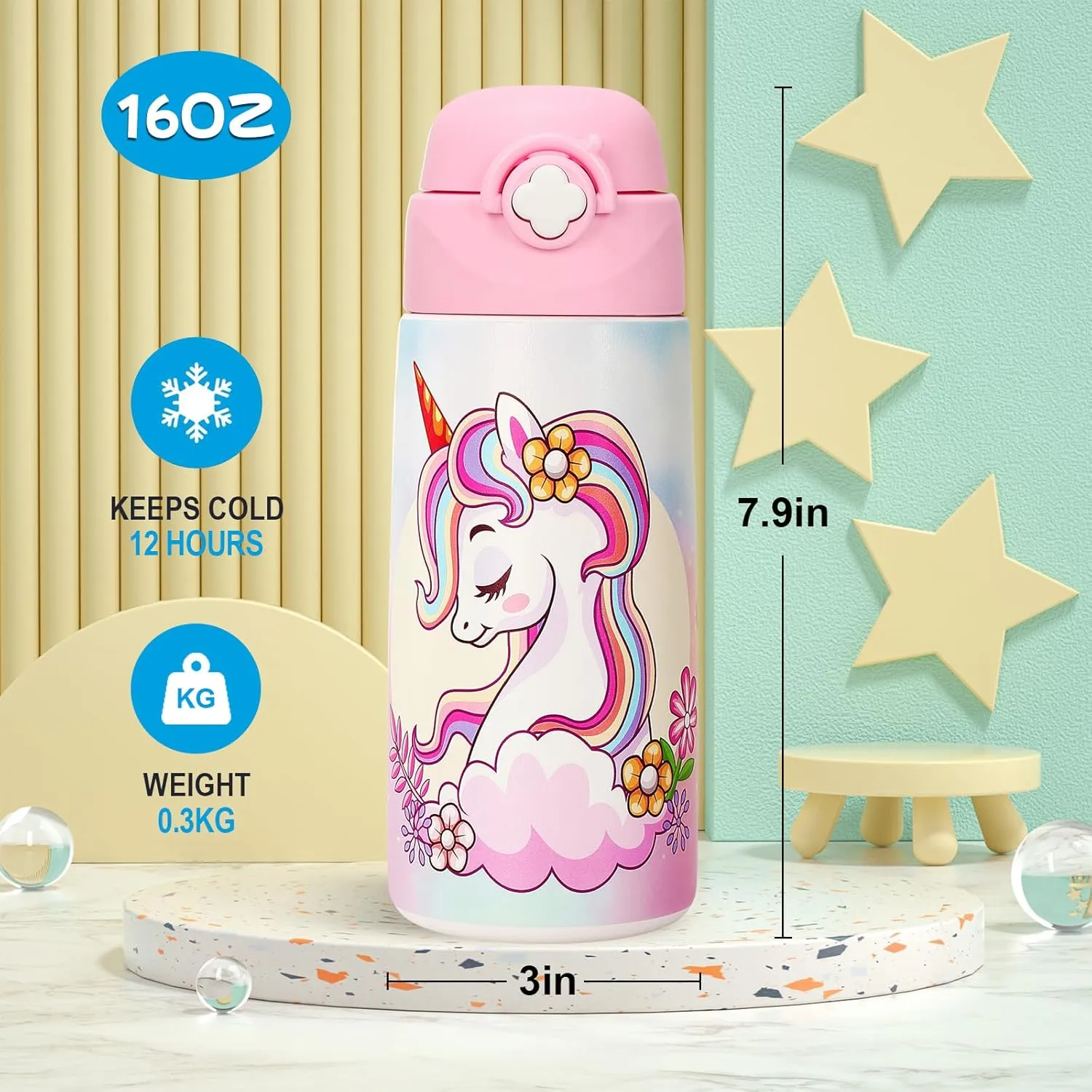 Girls Insulated Water Bottle with Covered Pop-Up Straw,16 oz Kids Cups with Stainless Steel Leak Proof for School（2 pack,Unicorn Princess）