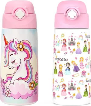 Girls Insulated Water Bottle with Covered Pop-Up Straw,16 oz Kids Cups with Stainless Steel Leak Proof for School（2 pack,Unicorn Princess）