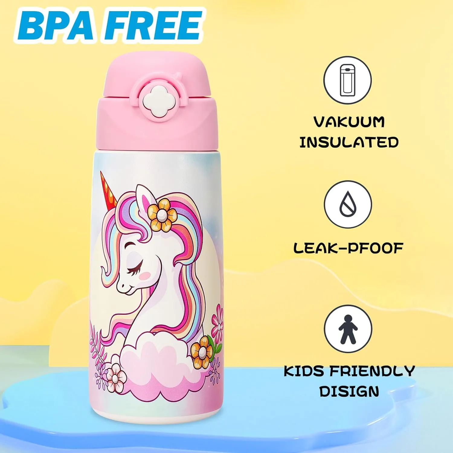 Girls Insulated Water Bottle with Covered Pop-Up Straw,16 oz Kids Cups with Stainless Steel Leak Proof for School（2 pack,Unicorn Princess）
