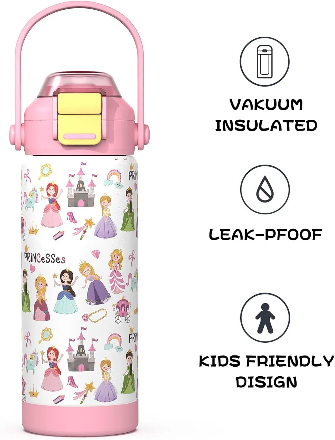 Girls Insulated Water Bottle with Pop-Open Straw & Spout 2-in-1 Lid,18oz Kids Cups with Stainless Steel Leak Proof for School Travel Boys Girls（Princess）