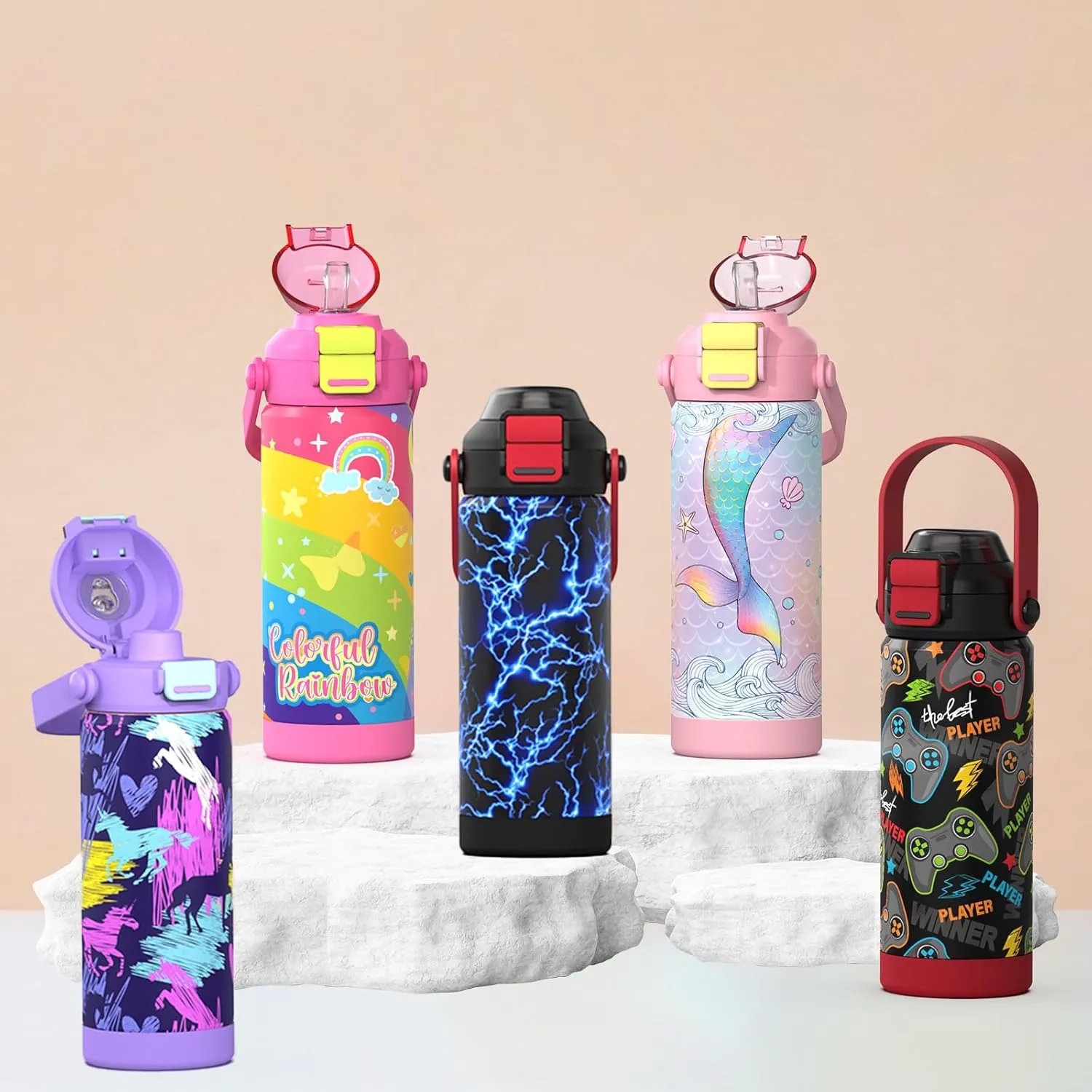 Girls Insulated Water Bottle with Pop-Open Straw & Spout 2-in-1 Lid,18oz Kids Cups with Stainless Steel Leak Proof for School Travel Boys Girls（Princess）