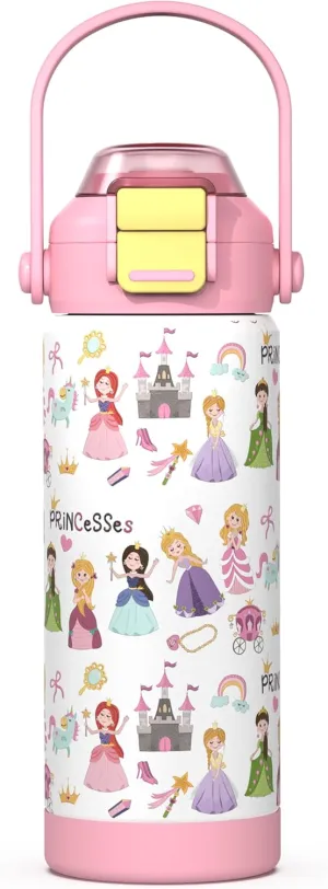 Girls Insulated Water Bottle with Pop-Open Straw & Spout 2-in-1 Lid,18oz Kids Cups with Stainless Steel Leak Proof for School Travel Boys Girls（Princess）