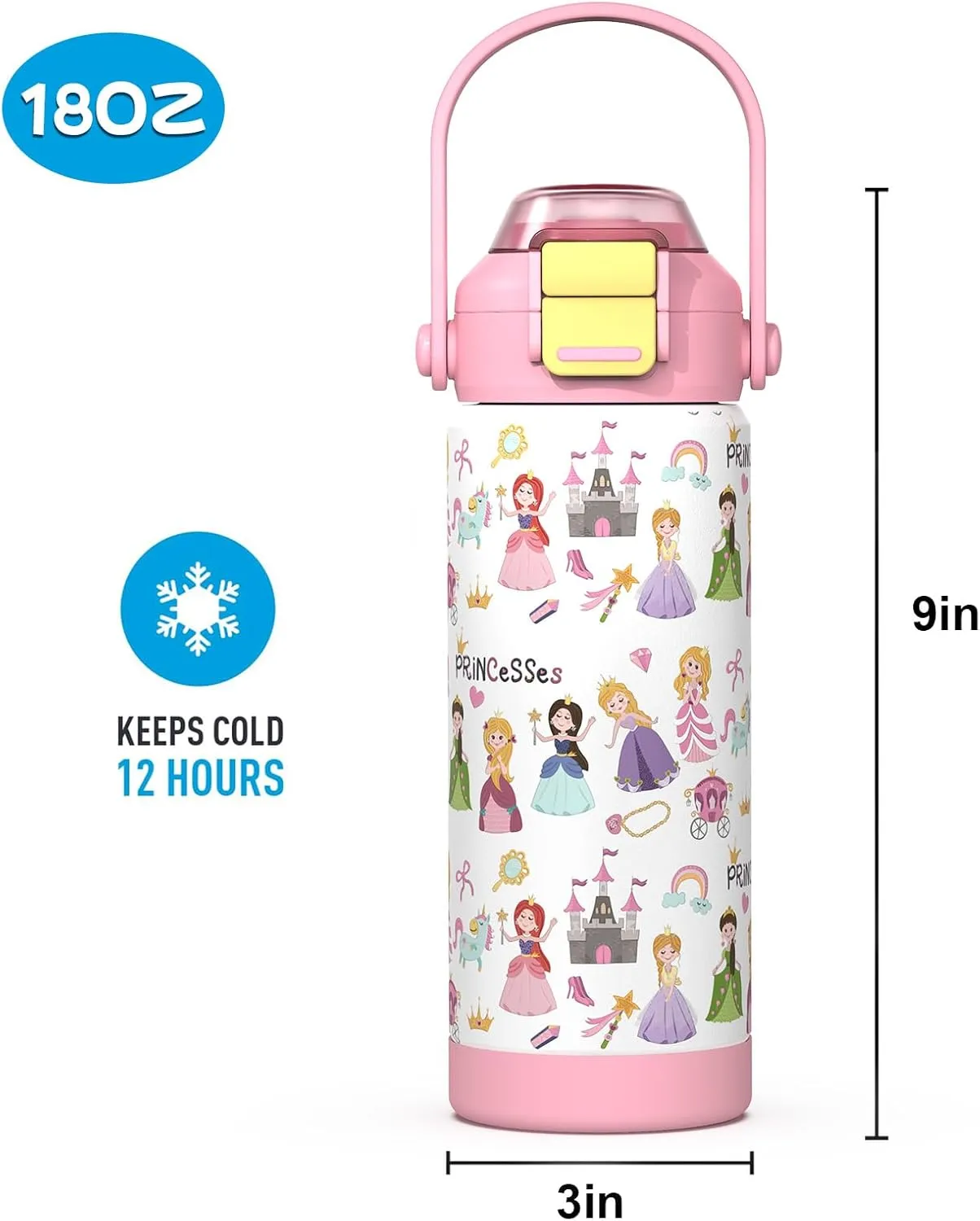 Girls Insulated Water Bottle with Pop-Open Straw & Spout 2-in-1 Lid,18oz Kids Cups with Stainless Steel Leak Proof for School Travel Boys Girls（Princess）
