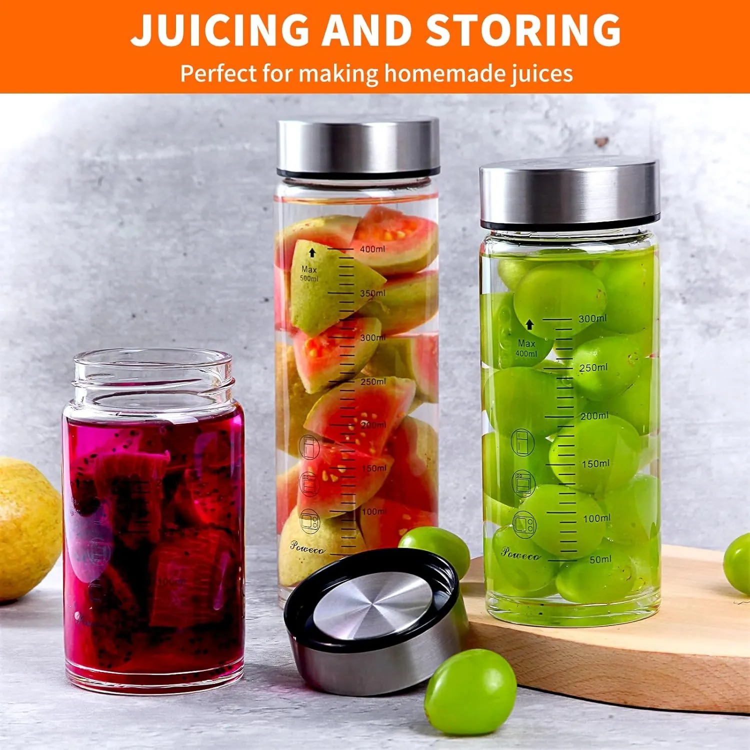 Glass Juice Bottles 4 Pack 16 oz - Wide Mouth Glass Water Bottles with Lids - for Juicing, Protein, Smoothie, Milk, Reusable, BPA Free, Stainless Steel Lids, Blender, Shaker Bottle (16oz/500ml)