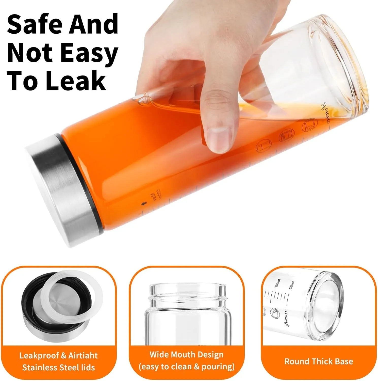Glass Juice Bottles 4 Pack 16 oz - Wide Mouth Glass Water Bottles with Lids - for Juicing, Protein, Smoothie, Milk, Reusable, BPA Free, Stainless Steel Lids, Blender, Shaker Bottle (16oz/500ml)