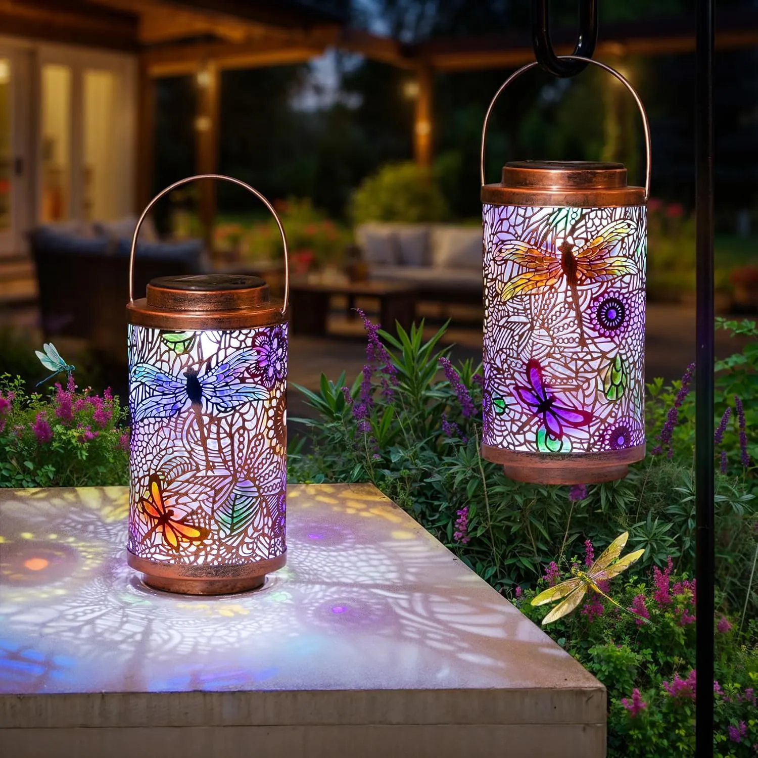 Go2garden 2Pack Solar Outdoor Lanterns Waterproof Dragonfly Garden Gifts for Women Patio Decor Lights Metal Lantern for Yard, Tabletop, Porch, Outside,Mothers Day Gifts for Mom Women