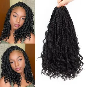 Goddess Box Braids Crochet Hair 14inch Boho 3X Crochet Braids with Curly Ends 8 Packs Protective Hairstyle Synthetic Braiding Hair Extensions for Black Women (14 Inch, 1B)