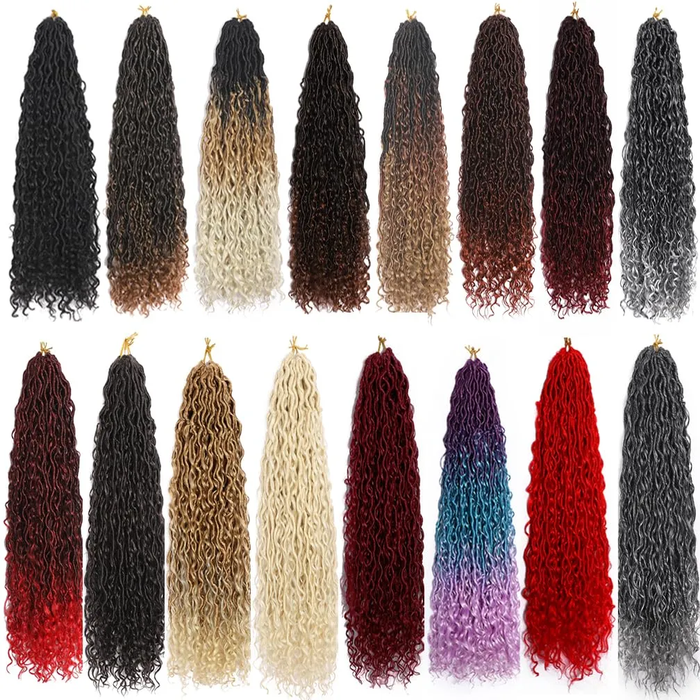 Goddess Locs Crochet Hair Ombre Black to Burgundy 22 Inch 3 Packs Bohemian Faux Locs Crochet Hair With Curly Ends Pre Looped Hair Extensions 16 Roots/Pack(1B/Bug)