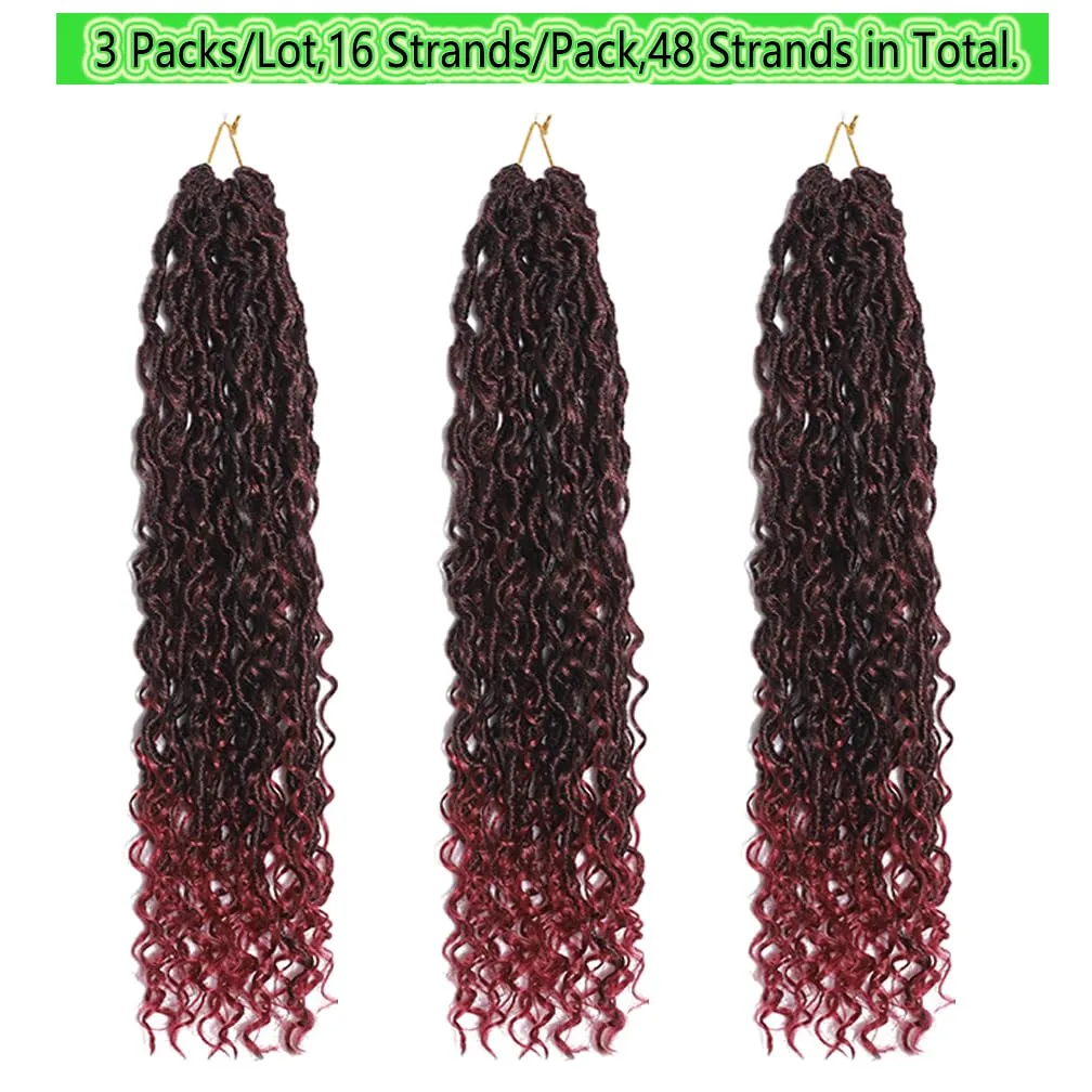 Goddess Locs Crochet Hair Ombre Black to Burgundy 22 Inch 3 Packs Bohemian Faux Locs Crochet Hair With Curly Ends Pre Looped Hair Extensions 16 Roots/Pack(1B/Bug)