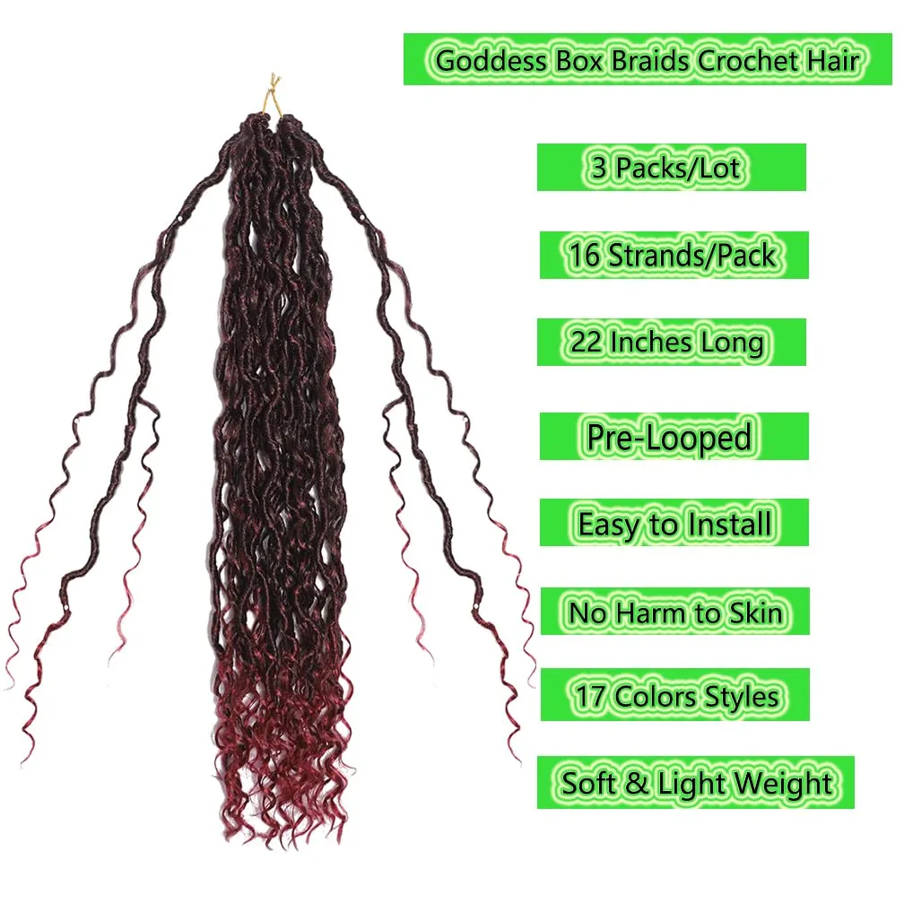 Goddess Locs Crochet Hair Ombre Black to Burgundy 22 Inch 3 Packs Bohemian Faux Locs Crochet Hair With Curly Ends Pre Looped Hair Extensions 16 Roots/Pack(1B/Bug)