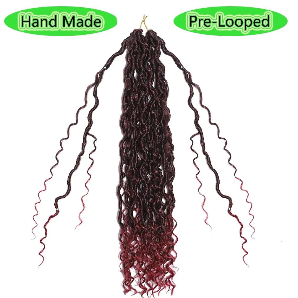 Goddess Locs Crochet Hair Ombre Black to Burgundy 22 Inch 3 Packs Bohemian Faux Locs Crochet Hair With Curly Ends Pre Looped Hair Extensions 16 Roots/Pack(1B/Bug)