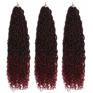 Goddess Locs Crochet Hair Ombre Black to Burgundy 22 Inch 3 Packs Bohemian Faux Locs Crochet Hair With Curly Ends Pre Looped Hair Extensions 16 Roots/Pack(1B/Bug)