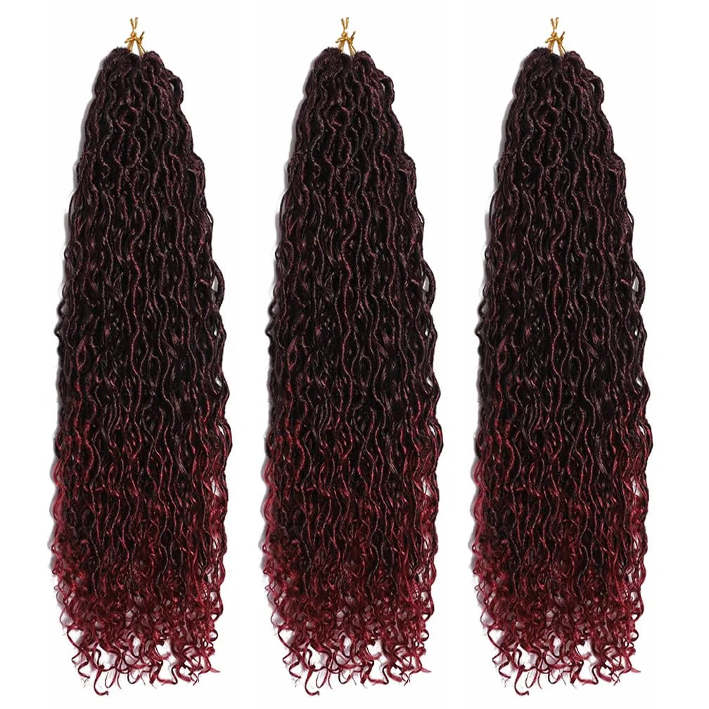 Goddess Locs Crochet Hair Ombre Black to Burgundy 22 Inch 3 Packs Bohemian Faux Locs Crochet Hair With Curly Ends Pre Looped Hair Extensions 16 Roots/Pack(1B/Bug)