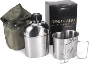 Goetland Stainless Steel WWII US Army Canteen Water Bottle Military Canteen Kit 1.3QT with 0.6QT Cup Nylon Pouch G.I.