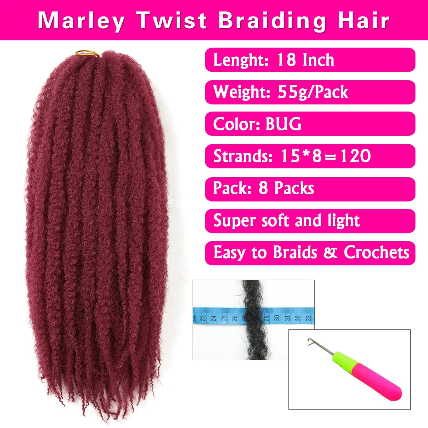 goodear Marley Twist Braiding Hair 18 Inch 8 Packs Burgundy Marley Crochet Braids Cuban Twist Hair Afro Kinky Twist Crochet Synthetic Afro Braiding Hair Extension (BUG, 18inch 8packs)