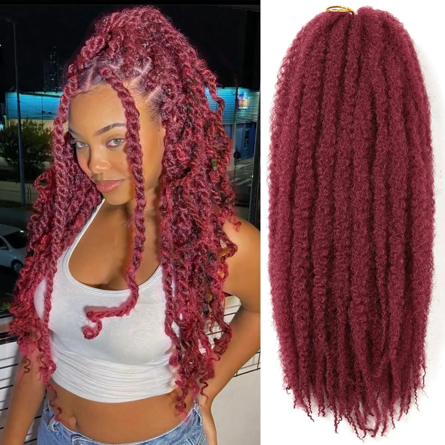 goodear Marley Twist Braiding Hair 18 Inch 8 Packs Burgundy Marley Crochet Braids Cuban Twist Hair Afro Kinky Twist Crochet Synthetic Afro Braiding Hair Extension (BUG, 18inch 8packs)
