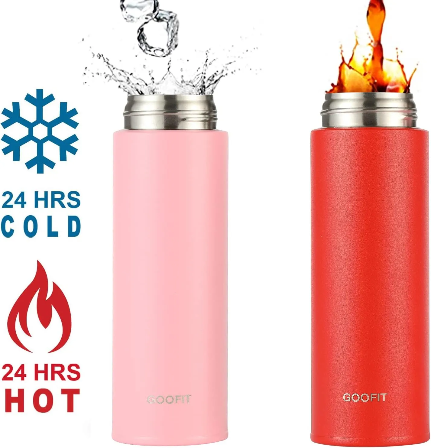 GOOFIT Water Bottle Double Wall Vacuum Insulated Thermos Beverage Coffee Bottle Stainless Steel Travel Mug Thermos Flask BPA Free Keeps Cold 24H Hot 24H 16 Oz Red
