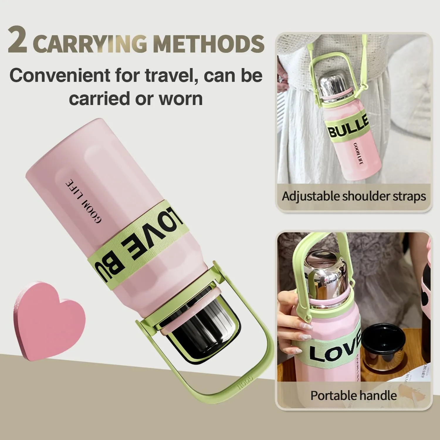 GOOM The Grip 32 oz Water Bottles for Hot and Cold Drinks,18/10 Stainless Steel Insulated Water Bottle with Lid, Carrying Strap,Strainer,7-Layer Insulation,Wide Mouth - Pink, Green
