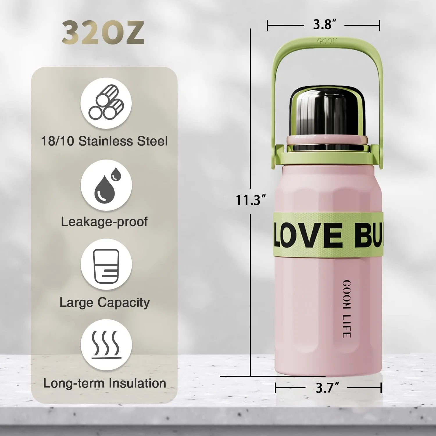 GOOM The Grip 32 oz Water Bottles for Hot and Cold Drinks,18/10 Stainless Steel Insulated Water Bottle with Lid, Carrying Strap,Strainer,7-Layer Insulation,Wide Mouth - Pink, Green