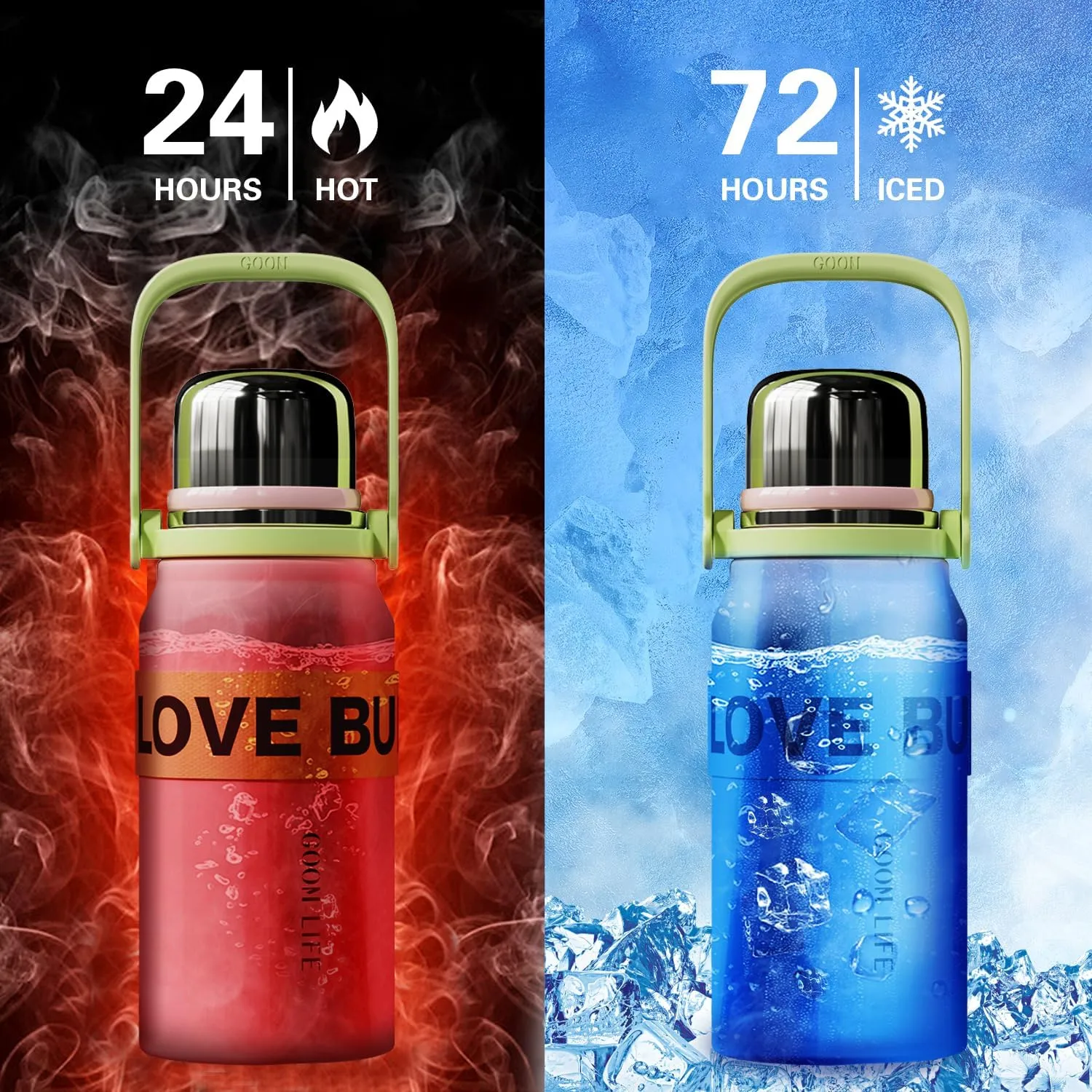 GOOM The Grip 32 oz Water Bottles for Hot and Cold Drinks,18/10 Stainless Steel Insulated Water Bottle with Lid, Carrying Strap,Strainer,7-Layer Insulation,Wide Mouth - Pink, Green
