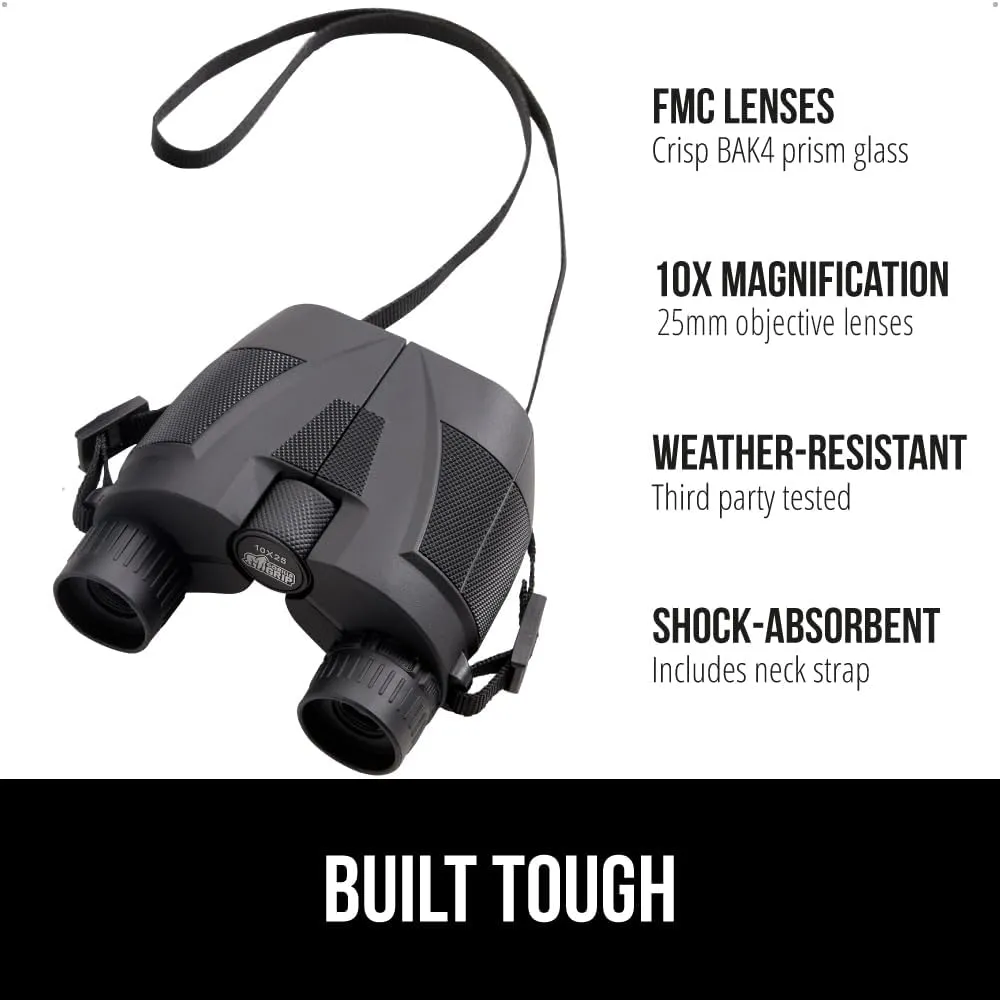 GORILLA GRIP 10x25 Compact Binoculars for Adults with Strap, Superior High Powered Clear 10X Magnification, Lightweight, Night Vision, Bird Watching, Hunting, Stargazing, Adjustable Eye Cups, Black