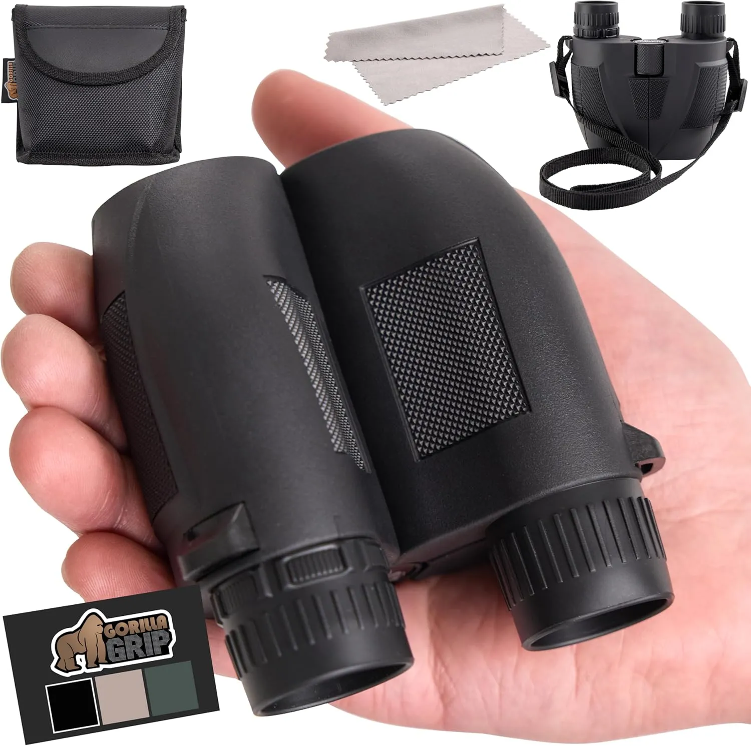 GORILLA GRIP 10x25 Compact Binoculars for Adults with Strap, Superior High Powered Clear 10X Magnification, Lightweight, Night Vision, Bird Watching, Hunting, Stargazing, Adjustable Eye Cups, Black