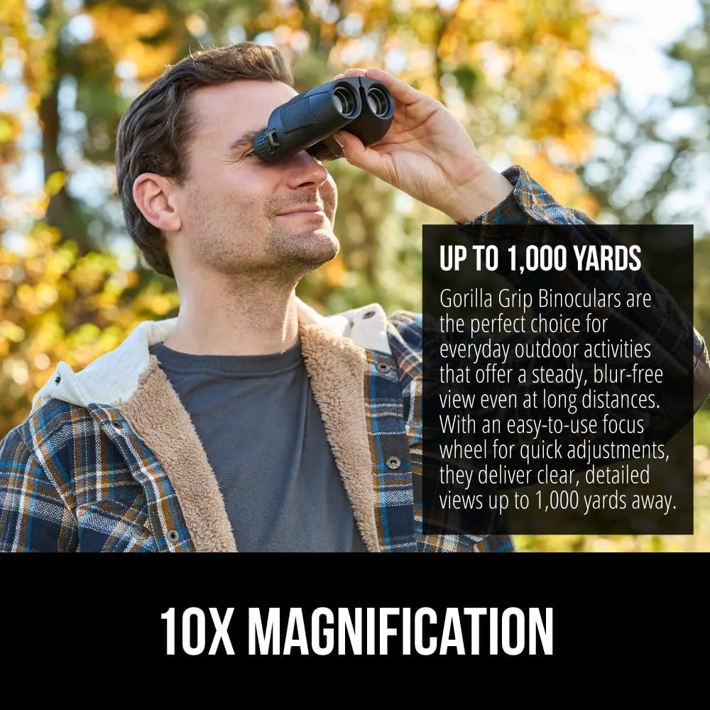 GORILLA GRIP 10x25 Compact Binoculars for Adults with Strap, Superior High Powered Clear 10X Magnification, Lightweight, Night Vision, Bird Watching, Hunting, Stargazing, Adjustable Eye Cups, Black
