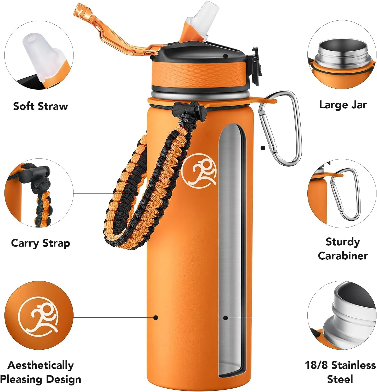 GOSWAG Insulated Sports Water Bottle, 24oz 2 Lids(with Straw/No Straw), Stainless Steel Water Bottles with Paracord Handle, Insulated Thermos with Double-Wall Vacuum Insulation