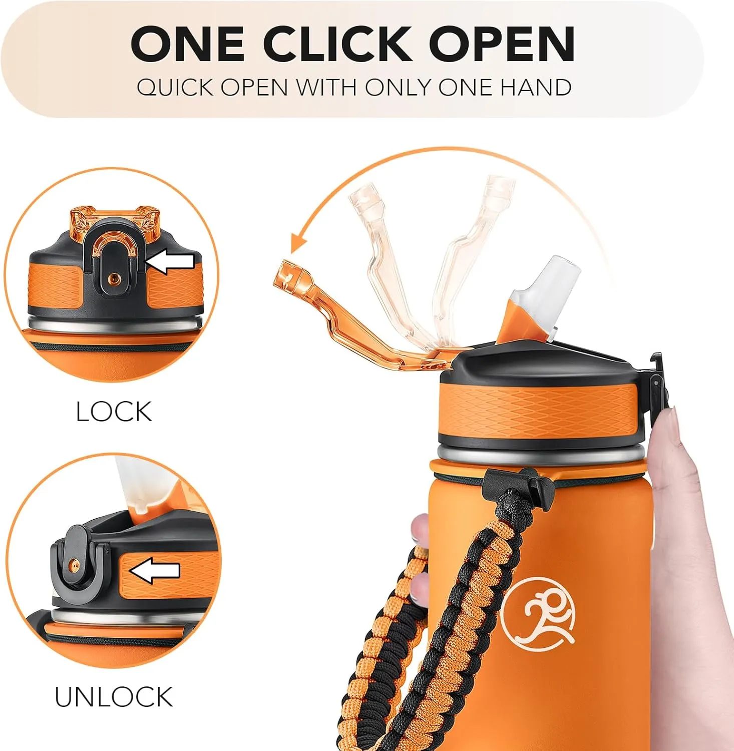 GOSWAG Insulated Sports Water Bottle, 24oz 2 Lids(with Straw/No Straw), Stainless Steel Water Bottles with Paracord Handle, Insulated Thermos with Double-Wall Vacuum Insulation