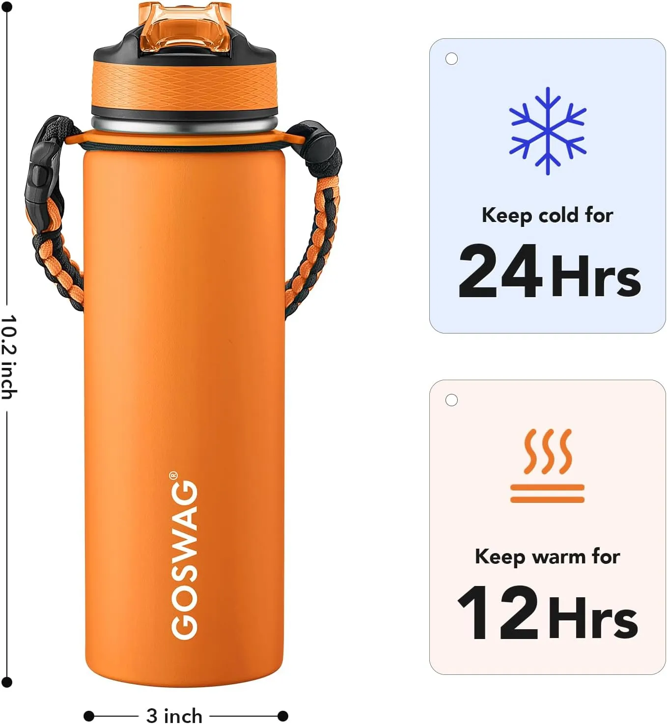 GOSWAG Insulated Sports Water Bottle, 24oz 2 Lids(with Straw/No Straw), Stainless Steel Water Bottles with Paracord Handle, Insulated Thermos with Double-Wall Vacuum Insulation