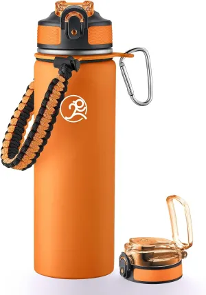 GOSWAG Insulated Sports Water Bottle, 24oz 2 Lids(with Straw/No Straw), Stainless Steel Water Bottles with Paracord Handle, Insulated Thermos with Double-Wall Vacuum Insulation