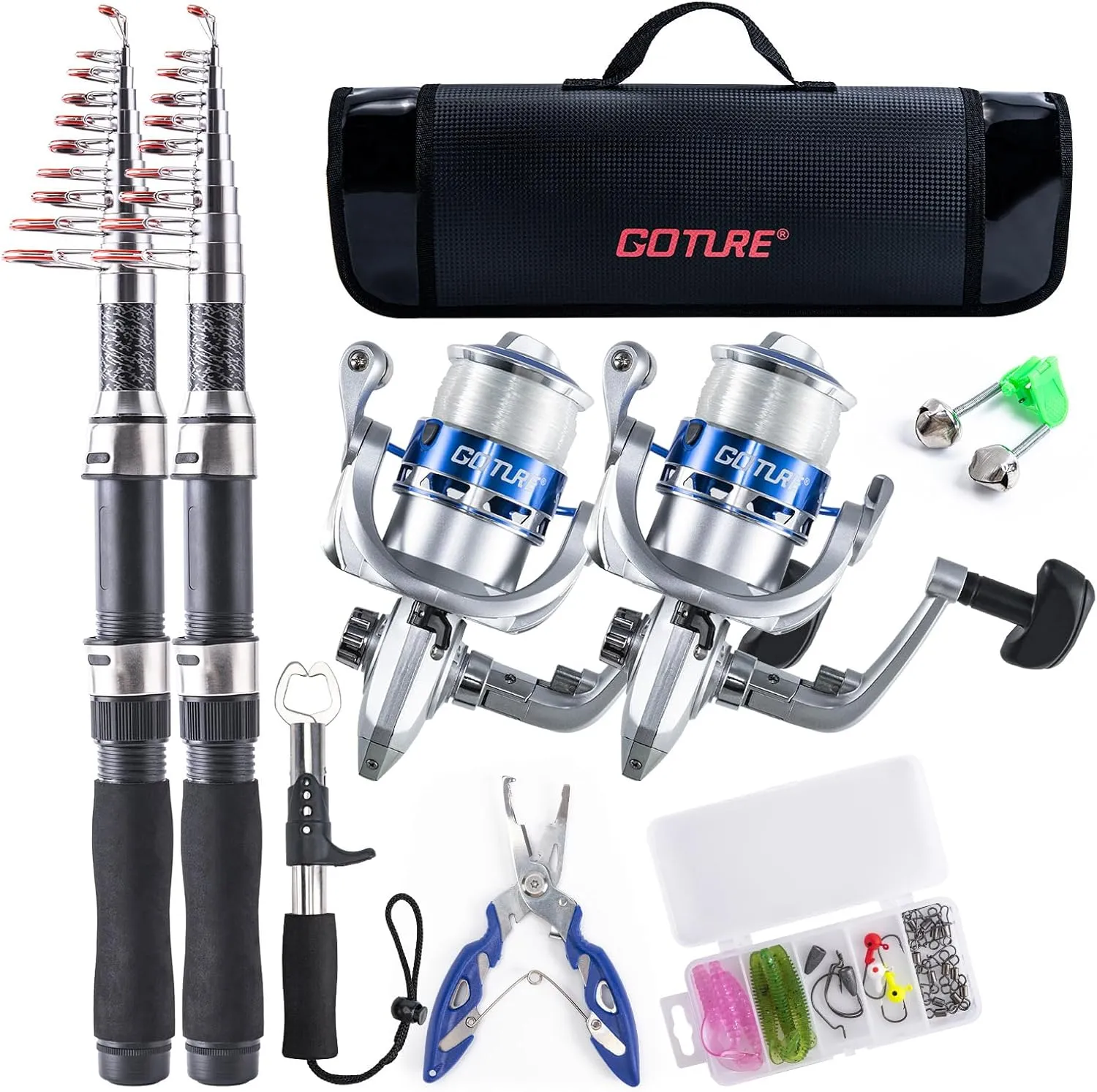 Goture Fishing Rod and Reel Combos-2PCS Telescopic Fishing Pole 2PCS Pre-Loaded Spinning Reels with Carrier Bag,Telescopic Rod Reel Lures Kit for Starter Travel Saltwater Freshwater,Gifts for Men