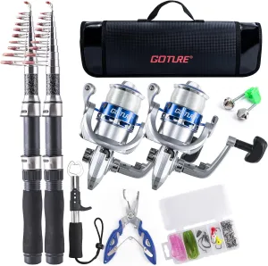 Goture Fishing Rod and Reel Combos-2PCS Telescopic Fishing Pole 2PCS Pre-Loaded Spinning Reels with Carrier Bag,Telescopic Rod Reel Lures Kit for Starter Travel Saltwater Freshwater,Gifts for Men