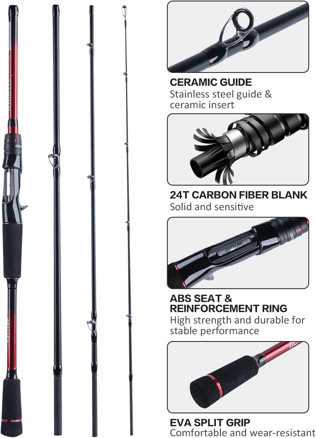 Goture Travel Fishing Rods with Case, 4 Piece Fishing Rod, Casting/Spinning Rod, 24T Carbon Fiber Quality Fishing Pole for Saltwater Trout, Bass, Walleye, Pike Black and Red