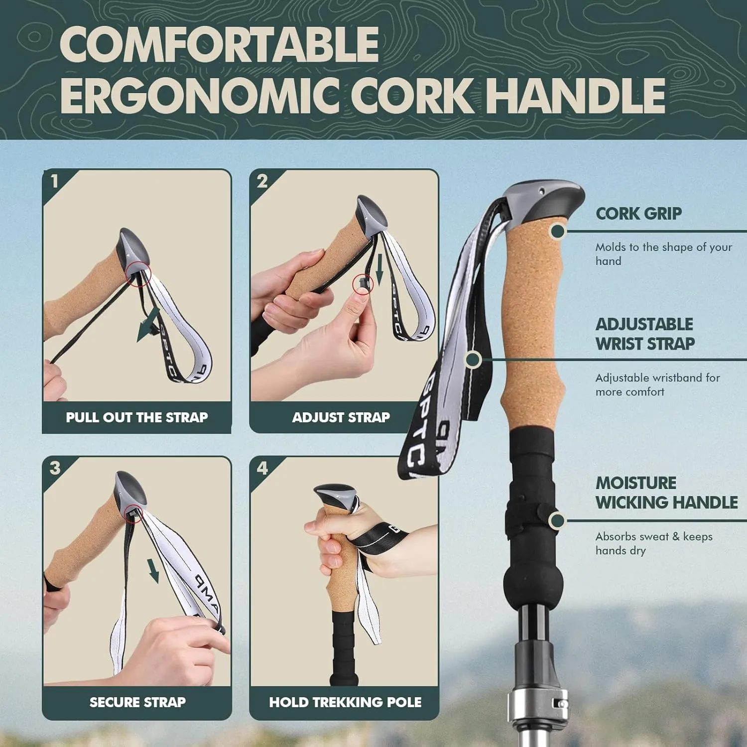 GPTCAMP Nordic Walking Stick, TPZ-1, 2pc Folding Collapsible Hiking Poles with Metal Quick Lock, Cork Handle, Lightweight 7075 Aluminum Trekking Poles for Seniors Women Men Hiking Gear