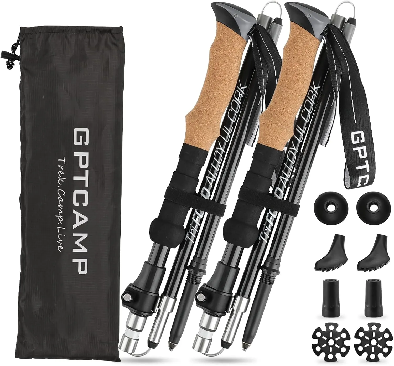 GPTCAMP Nordic Walking Stick, TPZ-1, 2pc Folding Collapsible Hiking Poles with Metal Quick Lock, Cork Handle, Lightweight 7075 Aluminum Trekking Poles for Seniors Women Men Hiking Gear