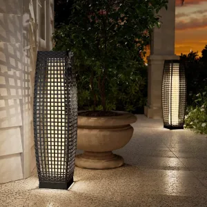 Grand patio 2-Piece Outdoor Floor Lamp Solar Powered Lantern Water-Resistant Wicker Deck Light for Garden or Porch - Medium Fuji, Silver Gray