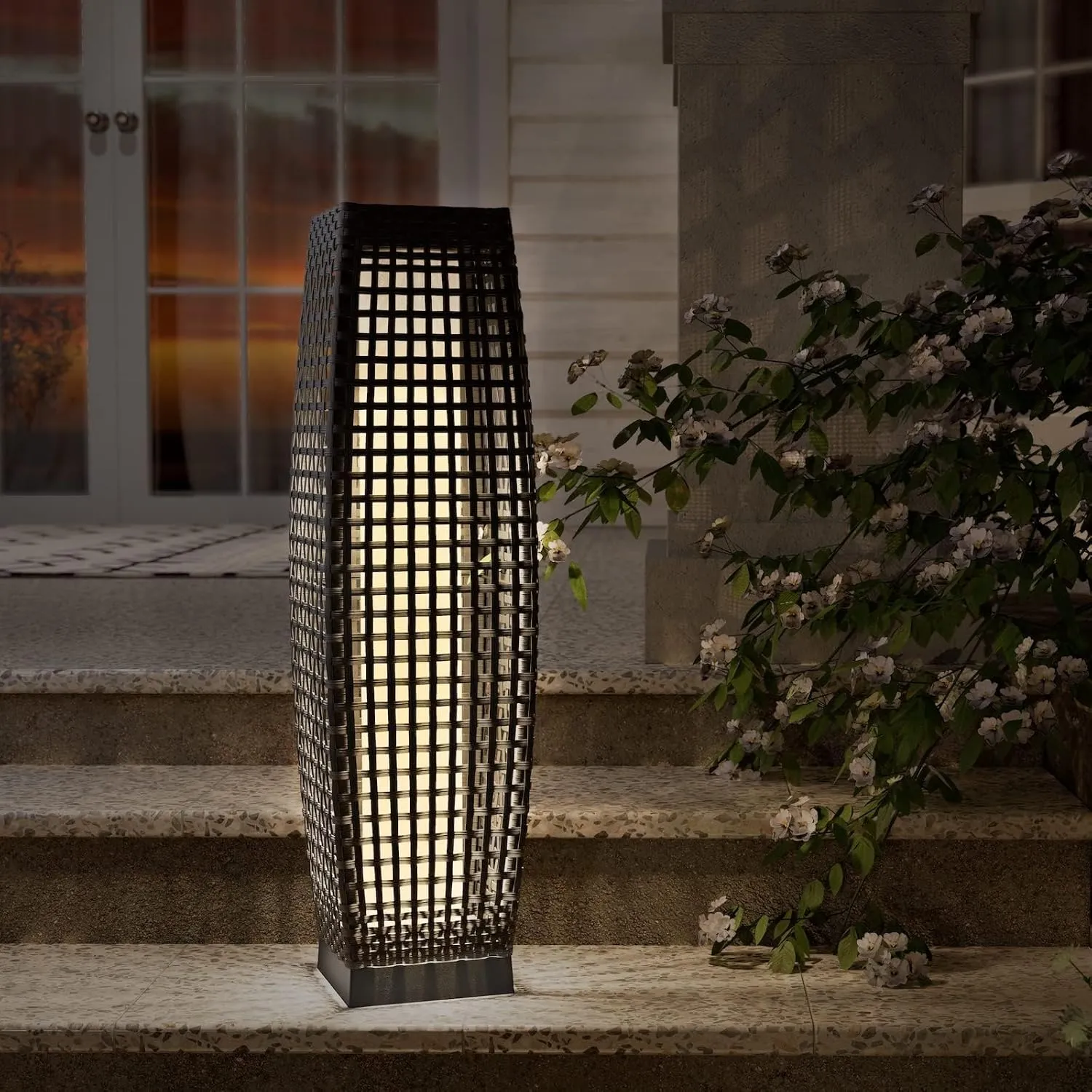 Grand patio 2-Piece Outdoor Floor Lamp Solar Powered Lantern Water-Resistant Wicker Deck Light for Garden or Porch - Medium Fuji, Silver Gray
