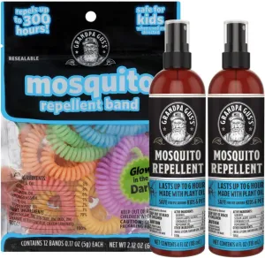 Grandpa Gus's Natural Mosquito Repellent Spray, 4 oz (Pack of 2) Bundled with Mosquito Repellent Bands, Glow in The Dark Assorted Colors (24 Bands)